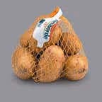 Small net bag containing several brown potatoes with a white label on top.