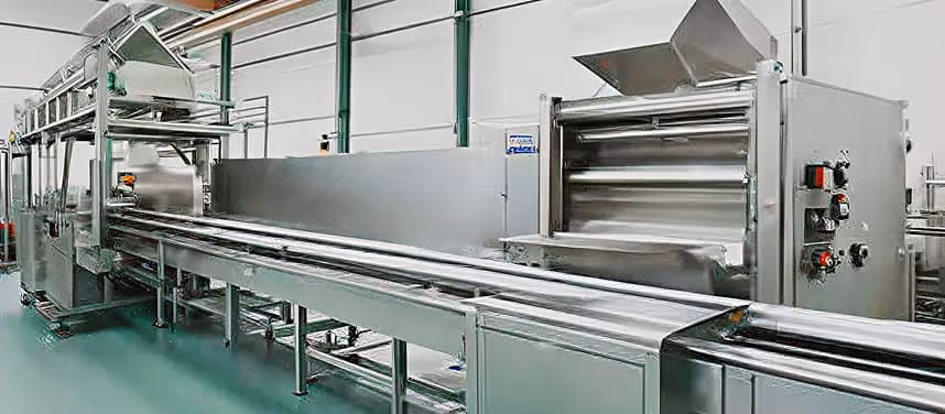 Industrial stainless steel food processing machinery with conveyor belts inside a clean factory setting.