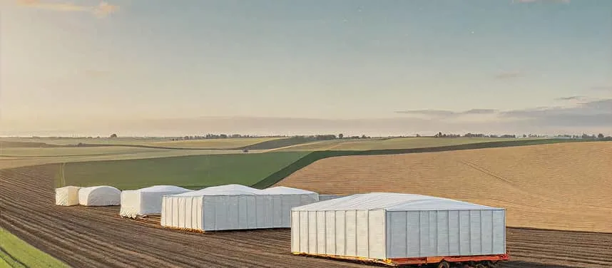 Five white, rectangular covered agricultural machines lined up on plowed farmland with sections of green and golden fields in the background.