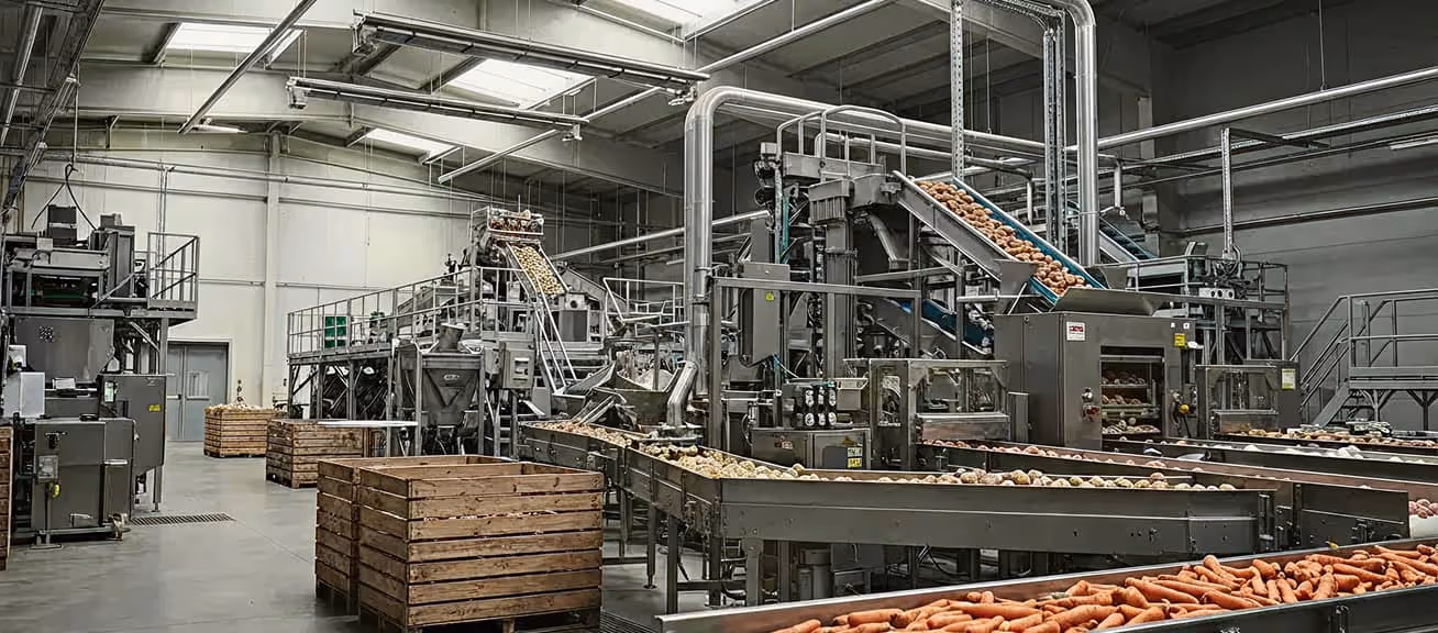 Industrial food processing facility with conveyor belts transporting carrots and potatoes in crates.