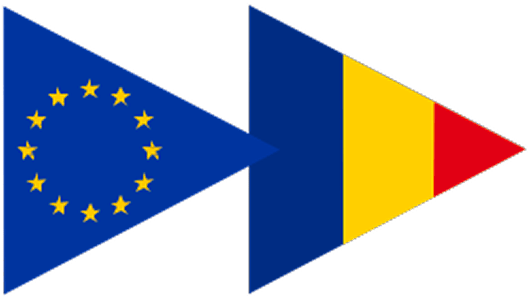 Two triangular flags side by side, the left one is the European Union flag with a circle of yellow stars on blue, and the right one is the Romanian flag with vertical blue, yellow, and red stripes.