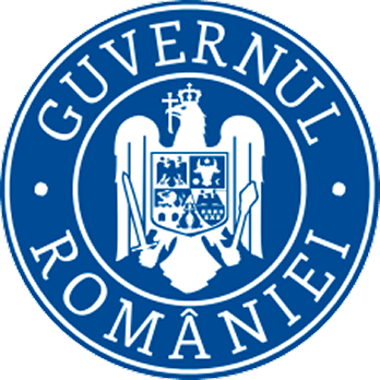 Romanian Government emblem with an eagle holding a cross, a mace, and a sword, surrounded by shields and the text 'Guvernul României'.
