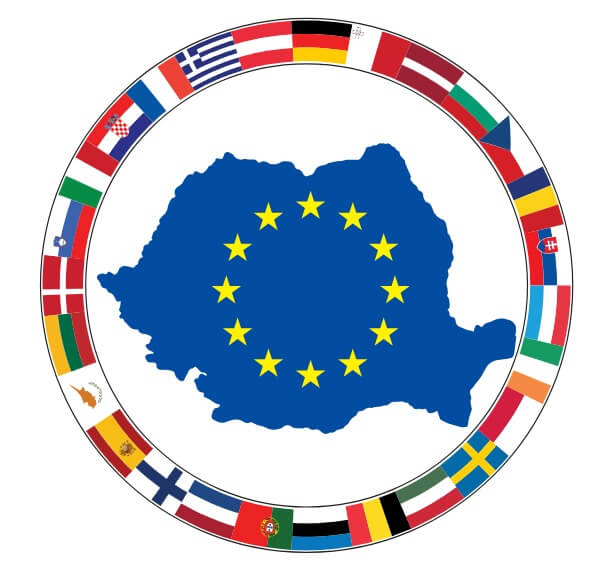 Map silhouette of Romania filled with the European Union flag surrounded by a circle of EU member countries' flags.