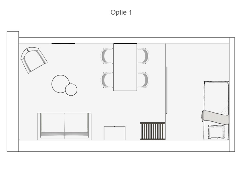Bovenaanzicht van indelingsoptie 1 voor een studio in woonlocatie Eleos