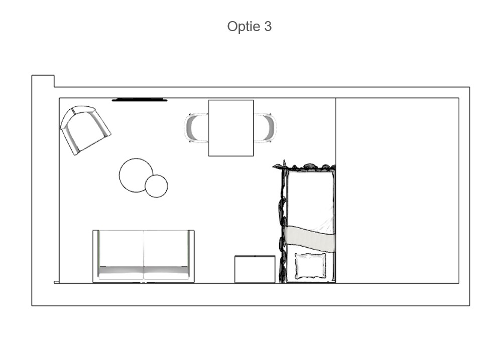 Bovenaanzicht van indelingsoptie 3 voor een studio in woonlocatie Eleos