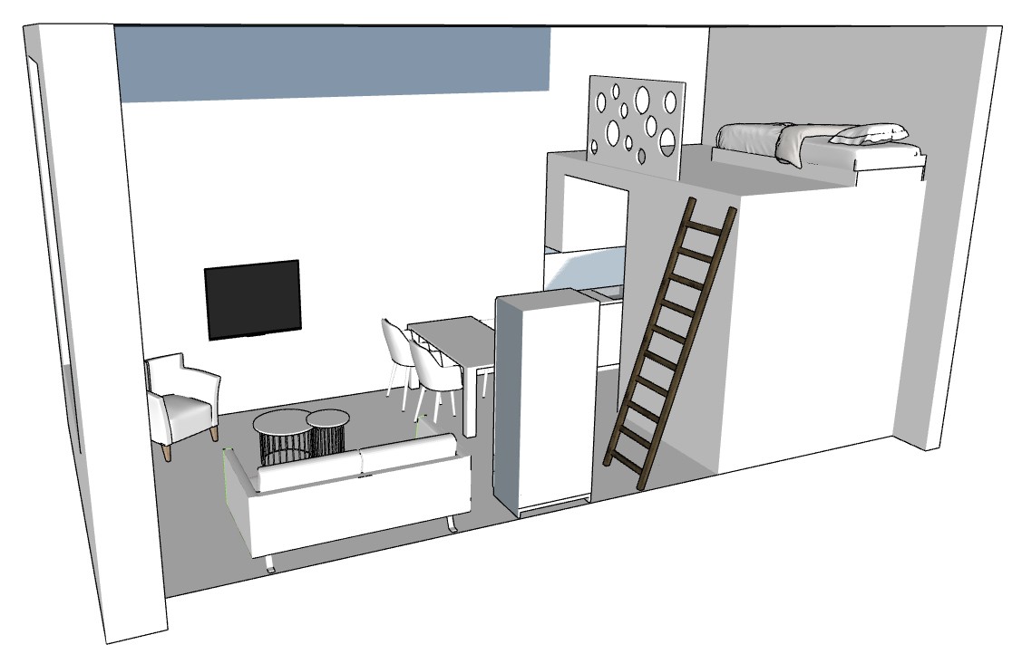 Perspectief van indelingsoptie 1 met zicht op de tv, studio woonlocatie Eleos