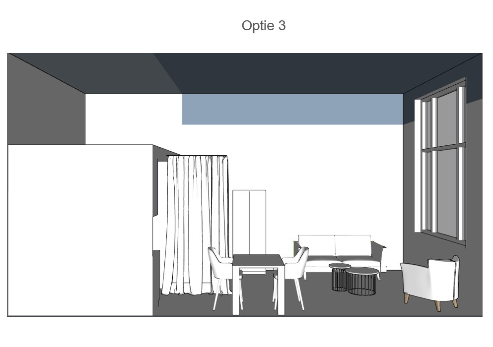 Perspectief van indelingsoptie 3 met zicht op het bed, studio woonlocatie Eleos