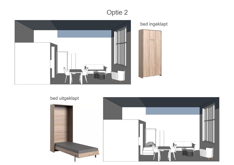 Perspectief van indelingsoptie 2 met zicht op het bed, studio woonlocatie Eleos