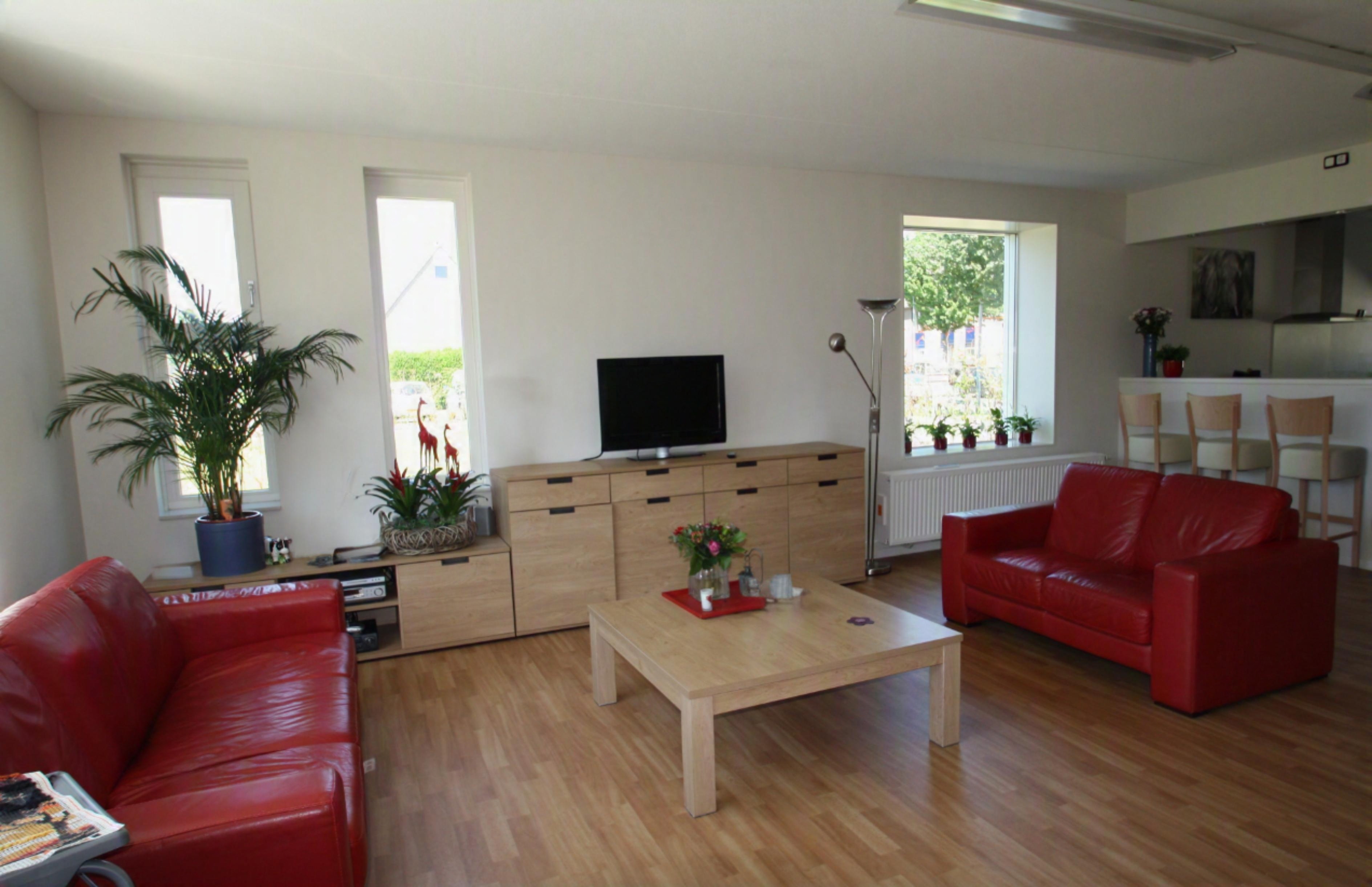 Woonkamer met rood kleurenschema in woonlocatie Philadelphia