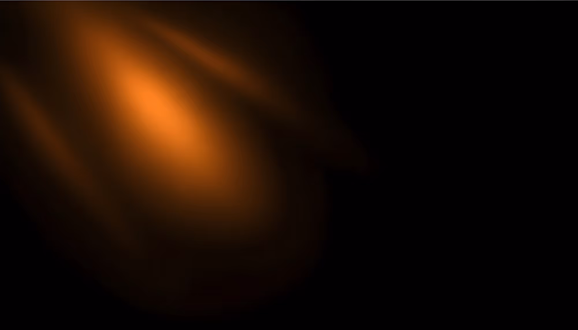 Warm orange light burst or lens flare glowing against a deep black background, with soft radiating beams extending diagonally from the upper left.