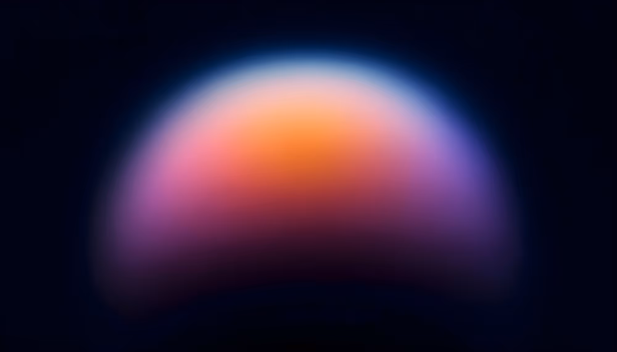 A soft, glowing semicircle rising from the bottom center of a dark navy background, blending warm orange and pink tones at its core with purple and blue hues along its edges, resembling a stylized sunrise or abstract planet.