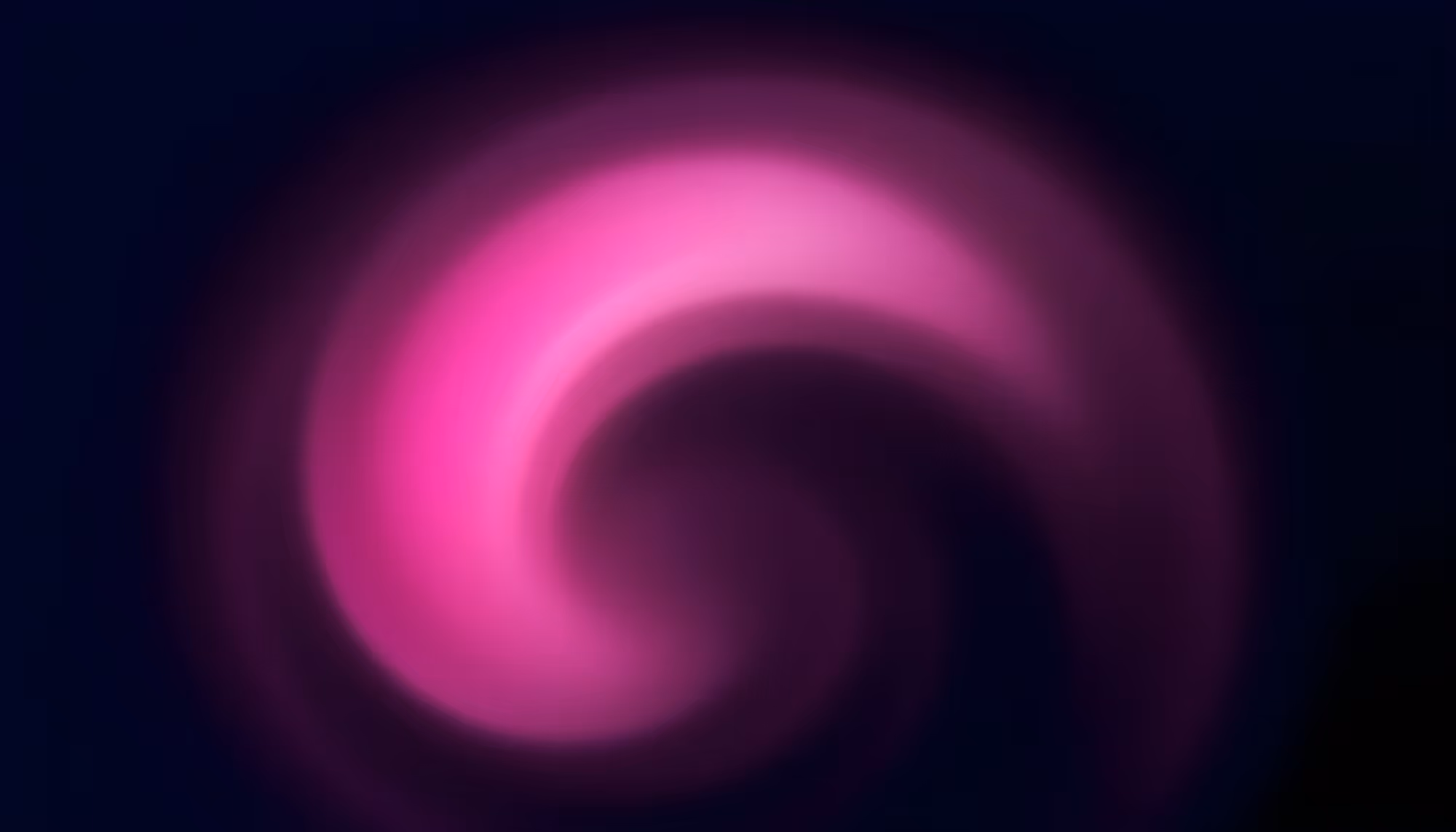 A glowing magenta and pink crescent or spiral shape against a deep navy blue background, resembling a luminous cosmic swirl or abstract neon light arc.