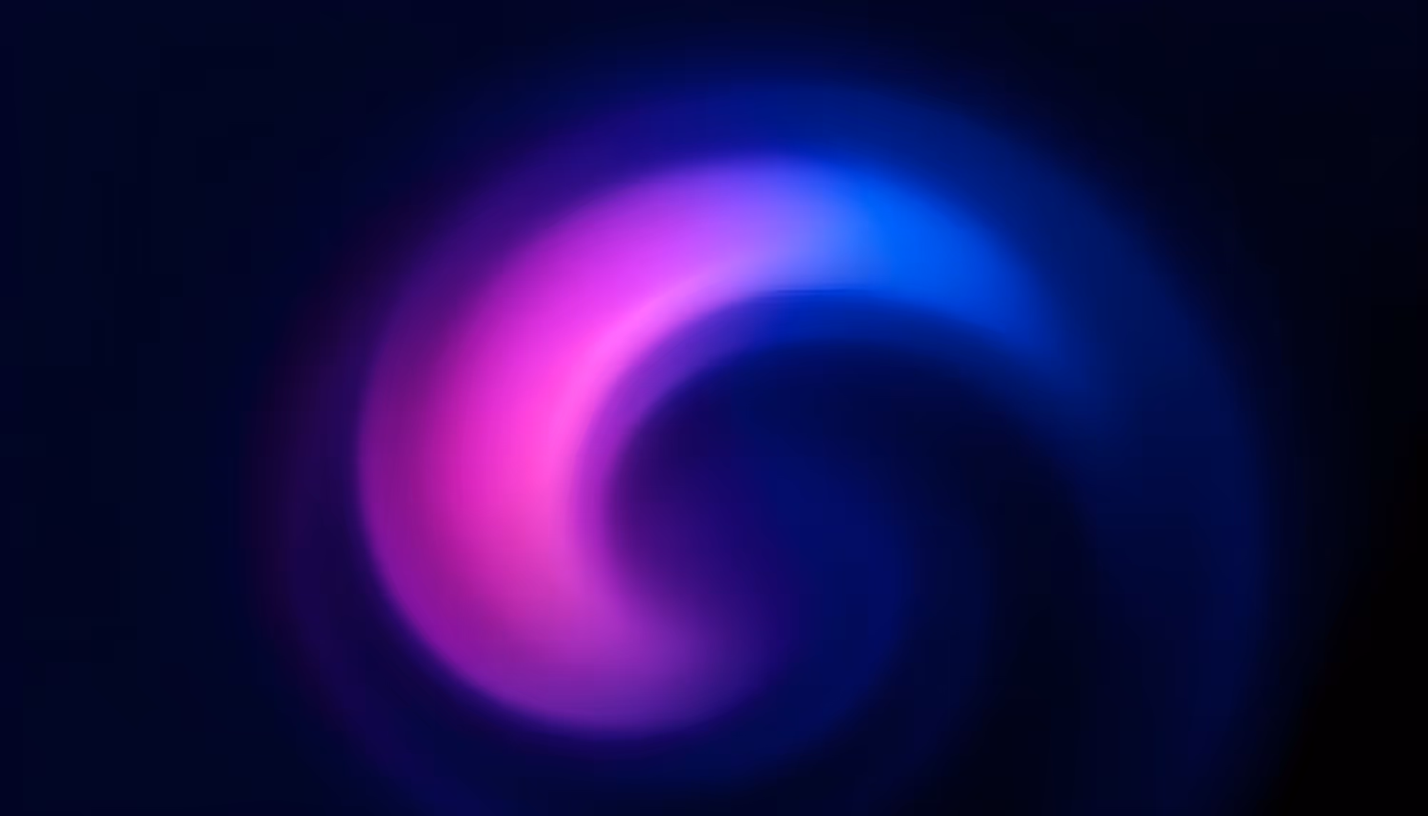 A glowing circular arc of light against a dark navy background, transitioning from vibrant magenta-pink on the left to electric blue on the upper right, with a soft luminous blur creating a crescent or swirl effect.