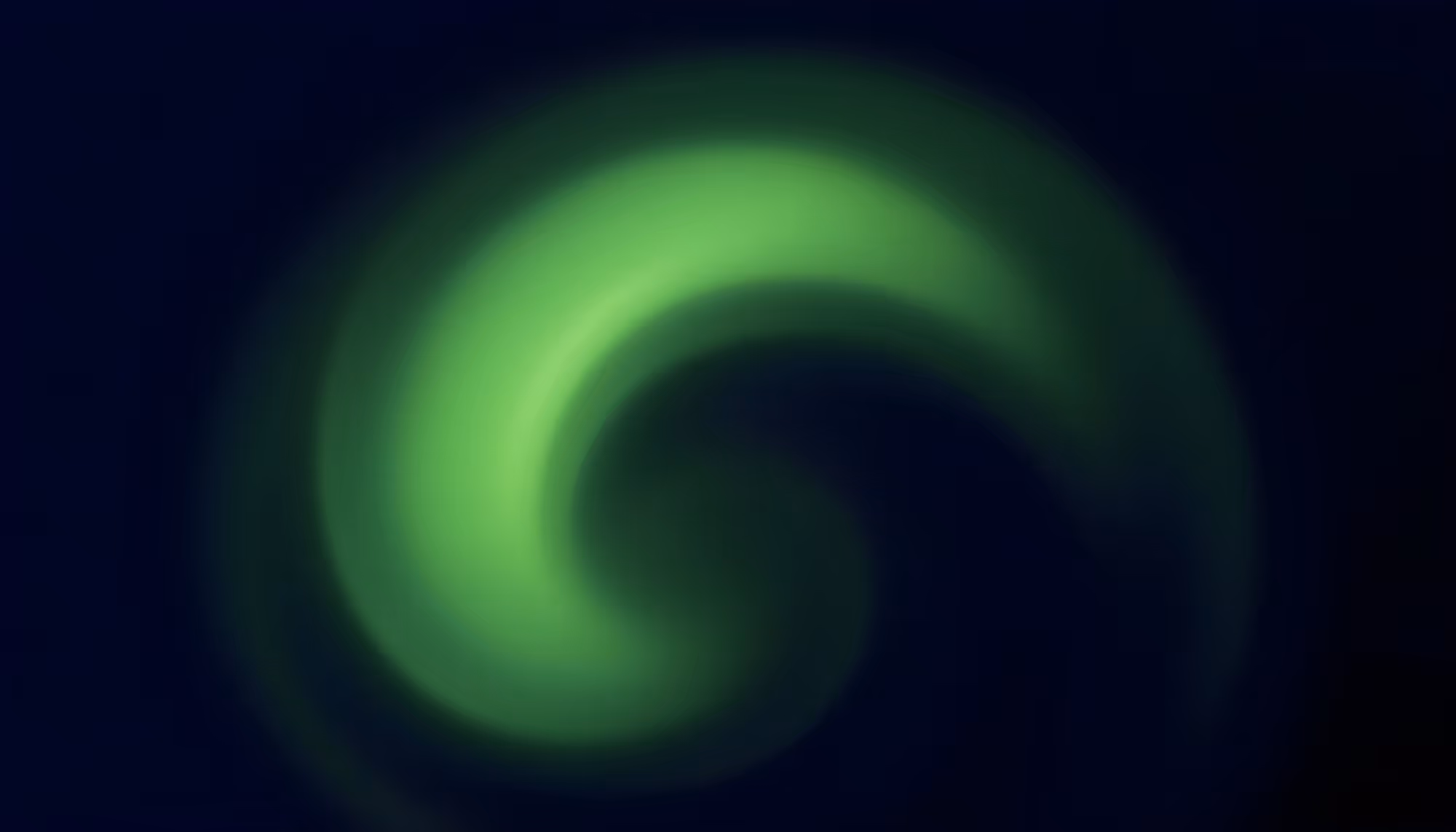 A glowing green spiral or circular aurora formation against a deep navy blue night sky, resembling a luminous swirl of northern lights curving into a near-complete ring shape.