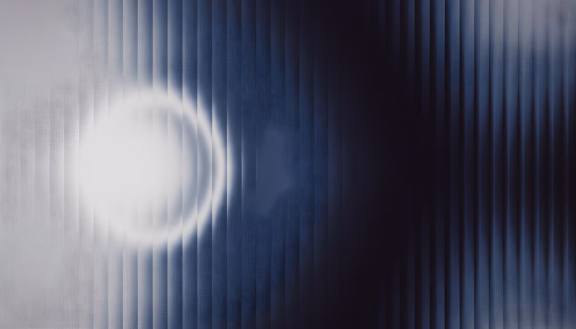 Abstract digital artwork depicting a glowing white orb of light transitioning from a bright silver-white left side to a deep navy blue darkness on the right, with vertical line textures throughout, suggesting a dramatic contrast between light and shadow.