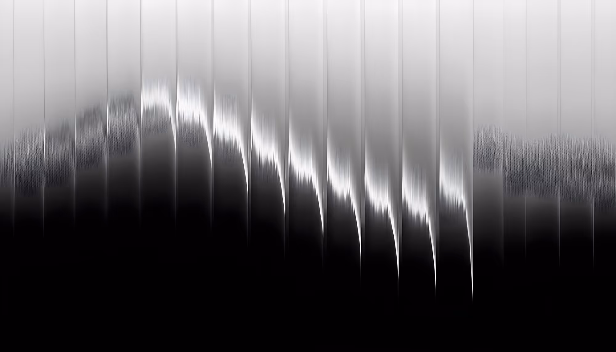 Abstract black and white digital artwork featuring vertical streaks of light descending from a pale gray gradient at the top into deep black at the bottom, with jagged, luminous white spikes suggesting sound waves or seismic activity, creating a dramatic, high-contrast visual rhythm.