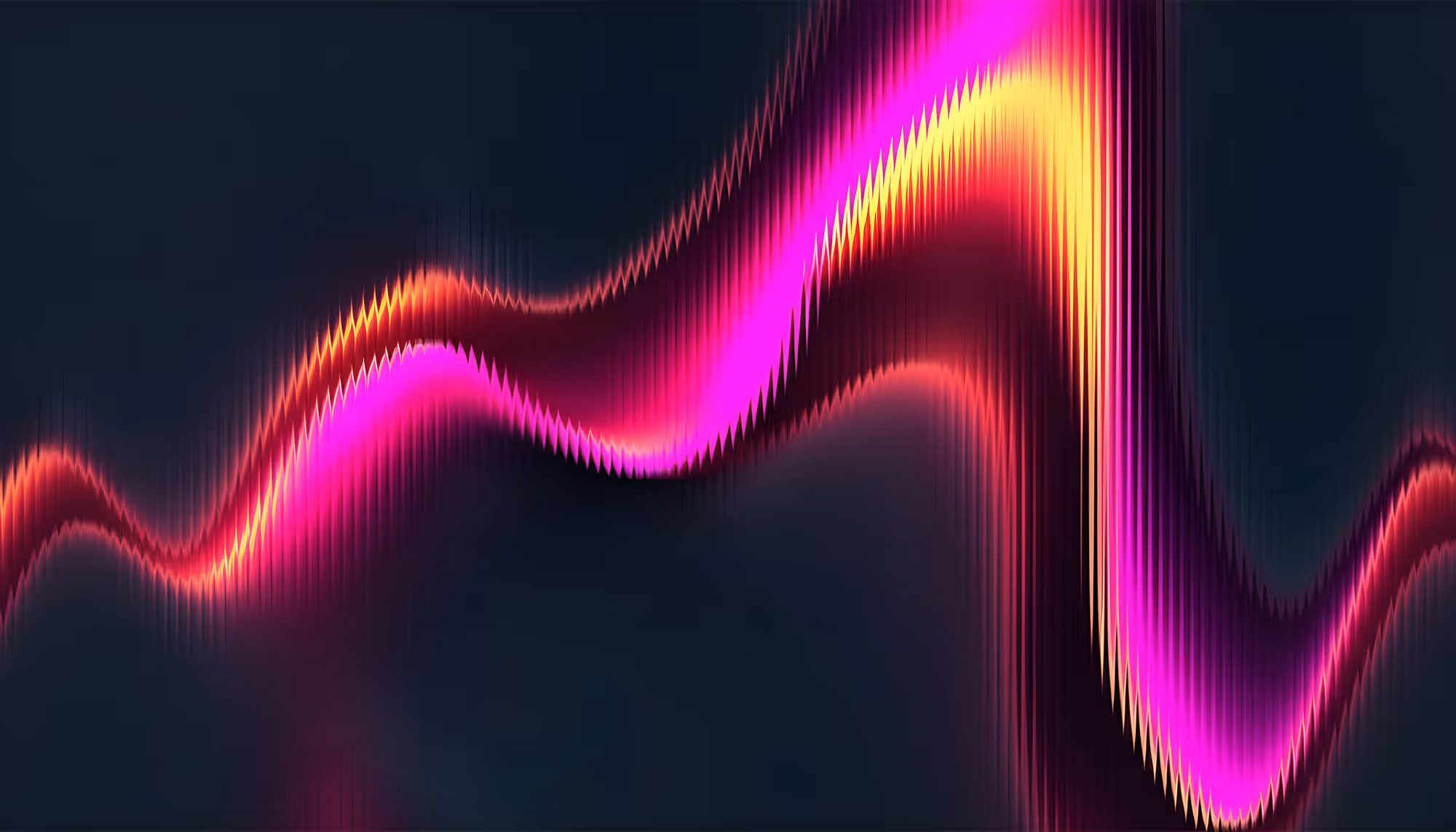 Abstract digital artwork featuring luminous, sinuous sound waves rendered in vibrant neon pink, magenta, orange, and yellow gradients against a dark charcoal background, with jagged, high-frequency oscillation patterns along the wave edges suggesting dynamic audio visualization or energy flow.