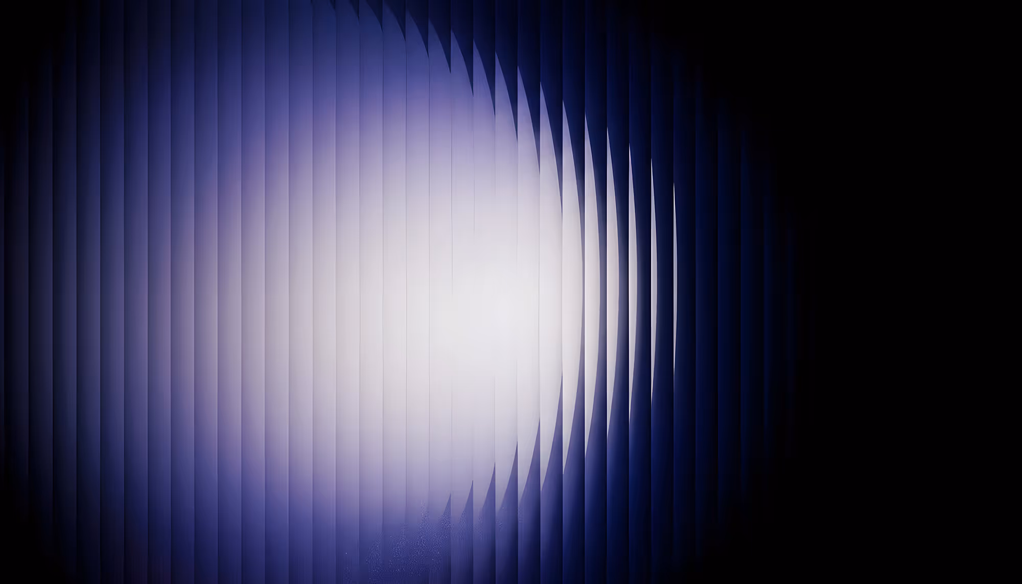 Abstract digital art featuring vertical fins or blade-like panels arranged in a curved formation, illuminated by a bright white-lavender light source at the center, creating a dramatic contrast against a deep navy and black background.