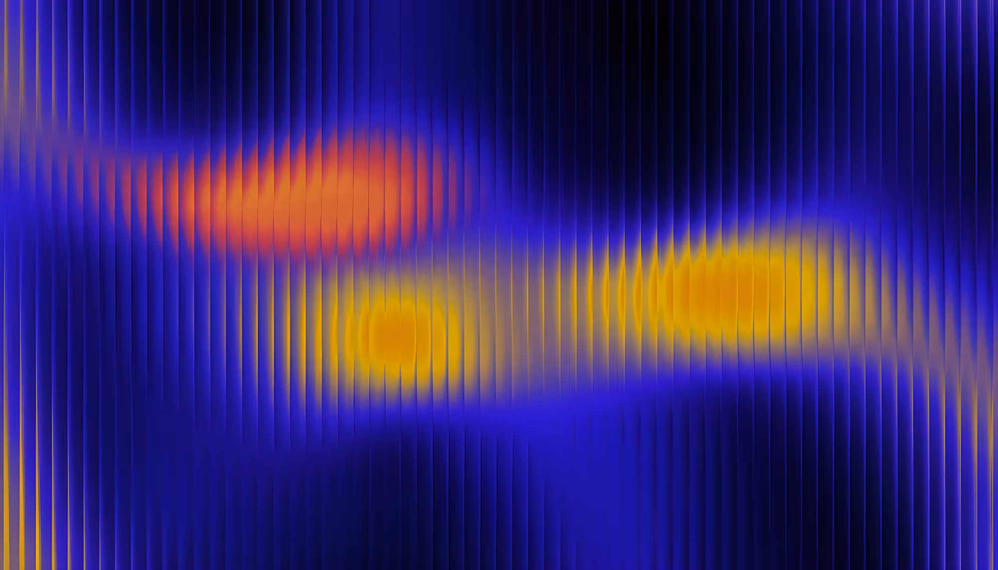 Abstract digital visualization featuring glowing orbs in red, orange, and yellow against a deep blue background, with vertical striped patterns creating a wave-like or frequency-spectrum effect reminiscent of a heat map or audio waveform visualization.