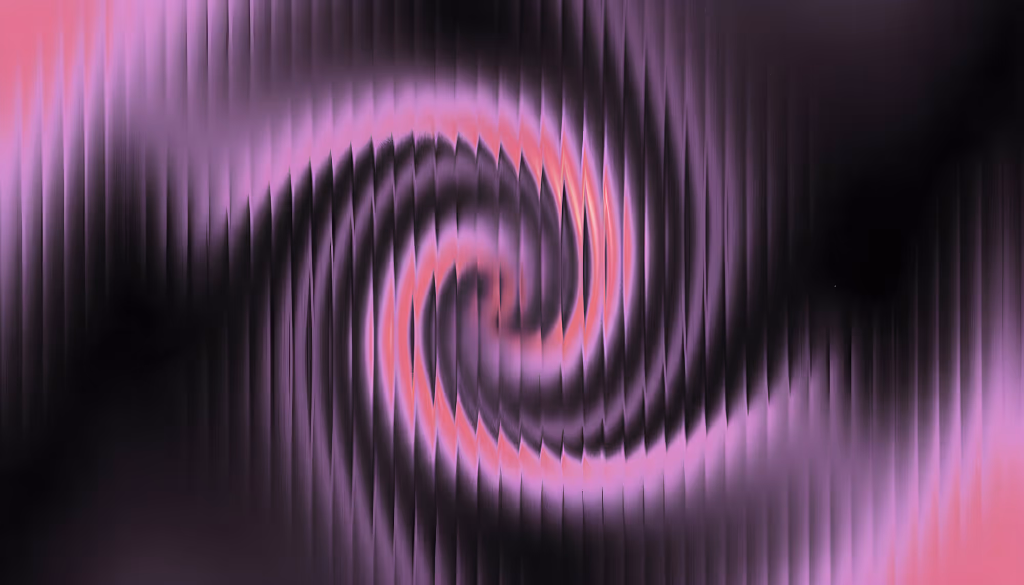 Abstract digital artwork featuring a glowing pink and red spiral vortex centered against a dark purple and black background, with vertical streak patterns radiating outward from the luminous swirling core.