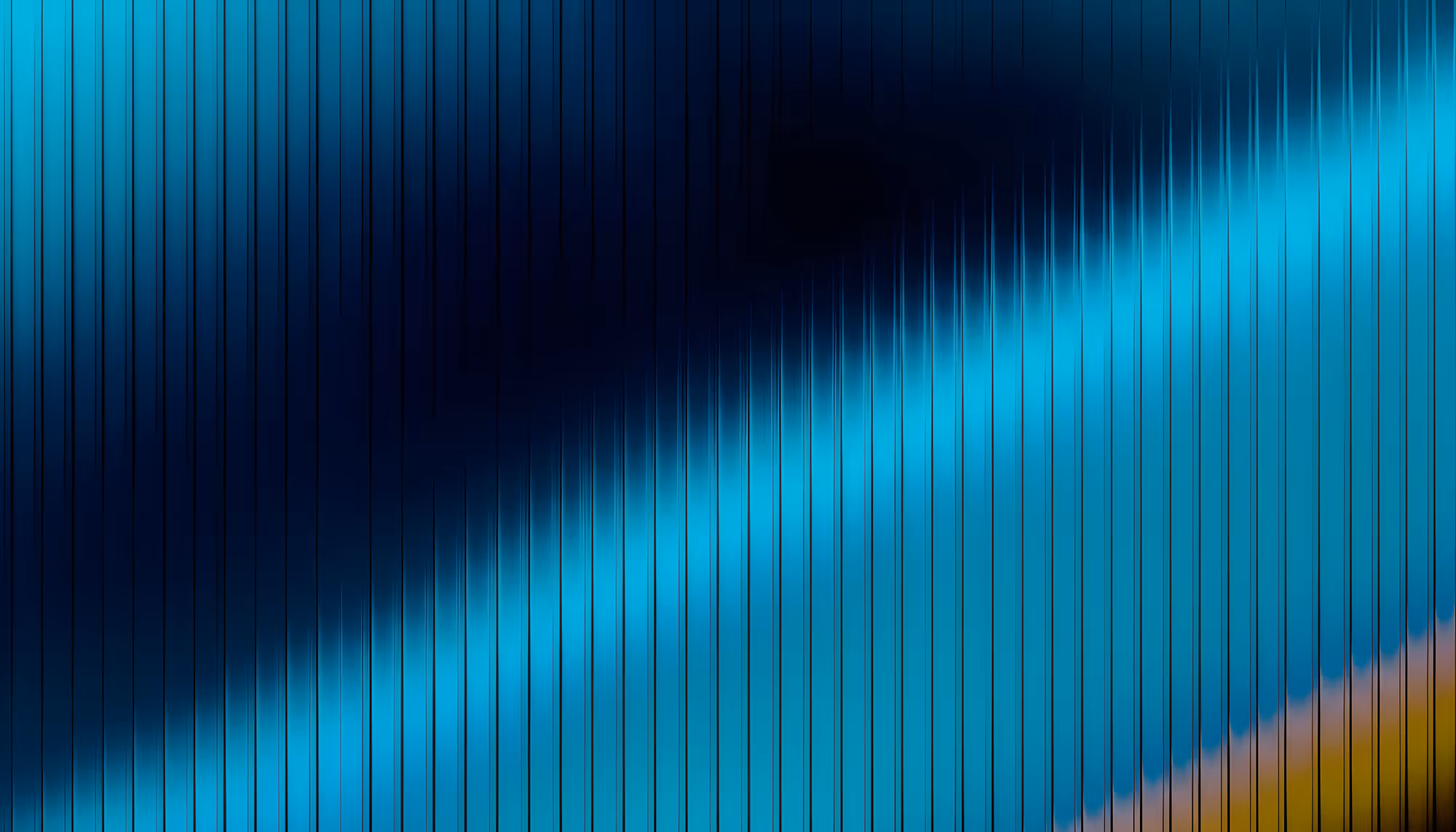 Abstract digital artwork featuring vertical black lines overlaid on a sweeping gradient that transitions from deep navy blue in the upper left to vibrant cyan in the center, with a warm amber and bronze accent in the lower right corner.