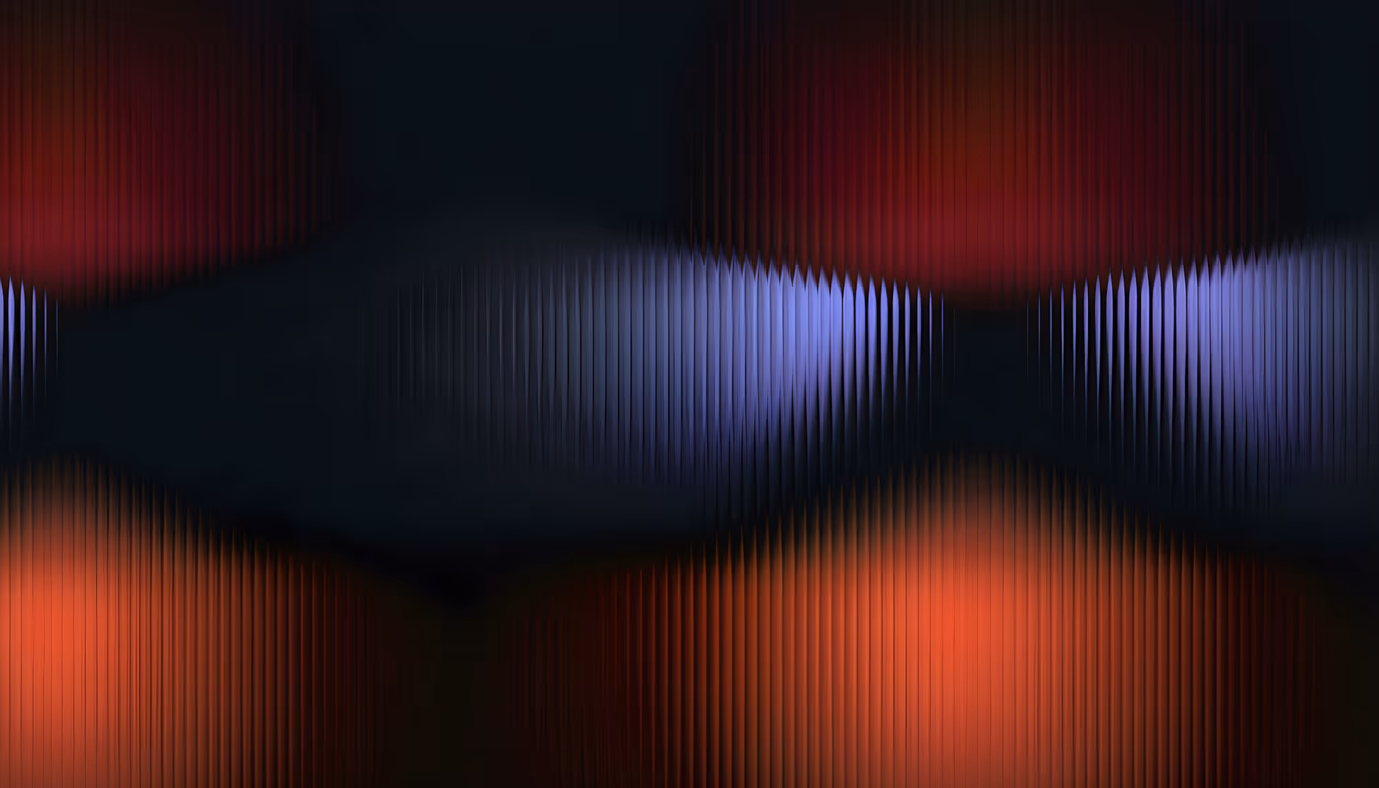 Abstract digital artwork featuring vertical striped patterns with glowing bands of color against a dark background. Deep crimson and burgundy tones arc across the top, a cool blue-violet wave cuts through the middle, and warm orange-red hues illuminate the bottom, creating a layered, ethereal visual reminiscent of sound waves or aurora-like light formations.