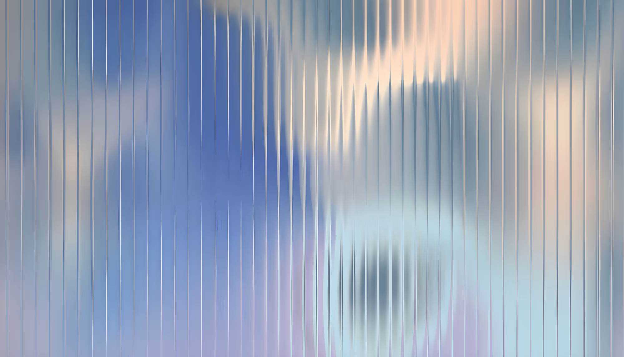 Abstract digital artwork featuring vertical ribbed lines overlaid on a soft gradient background blending shades of periwinkle blue, pale peach, lavender, and mint. The right side displays sharp, spiky waveform-like distortions in warm cream and cool teal tones, creating a visual rhythm reminiscent of sound waves or frosted glass refracting light.