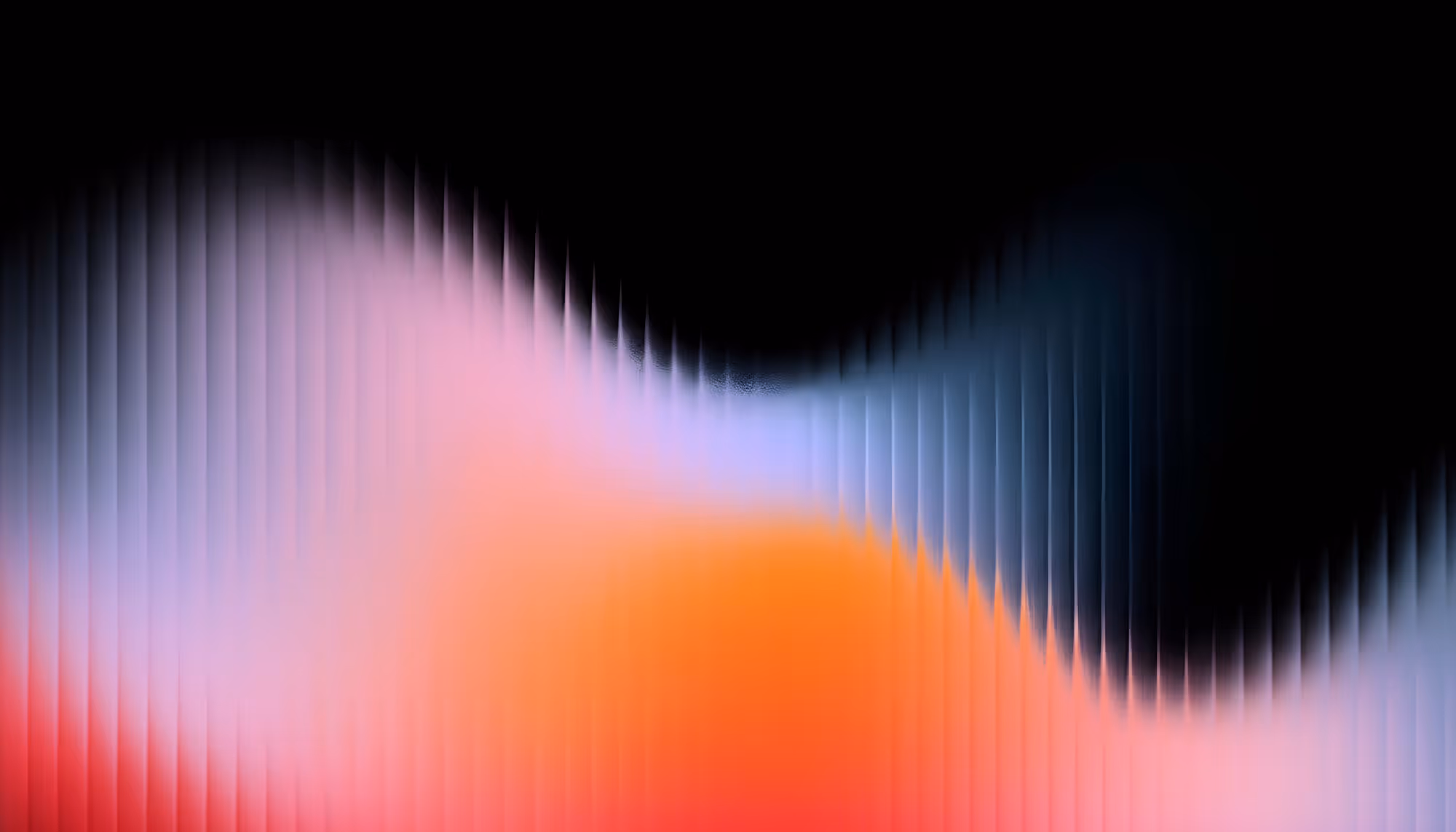 Abstract digital artwork featuring vertical glitch-style streaks in warm orange and red tones on the left, transitioning to cool blue-gray on the right, set against a deep black background, creating a wave-like gradient effect.