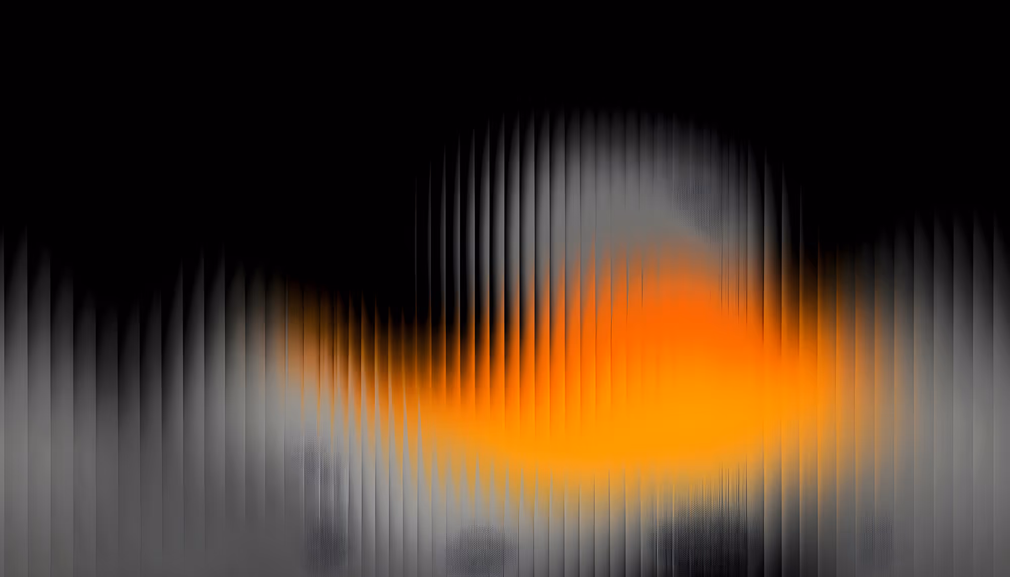 Abstract digital artwork featuring vertical streaks and lines in dark gray and black tones, with a glowing burst of orange and amber light emanating from the center-right, creating a fiery, wave-like effect against a dark background.