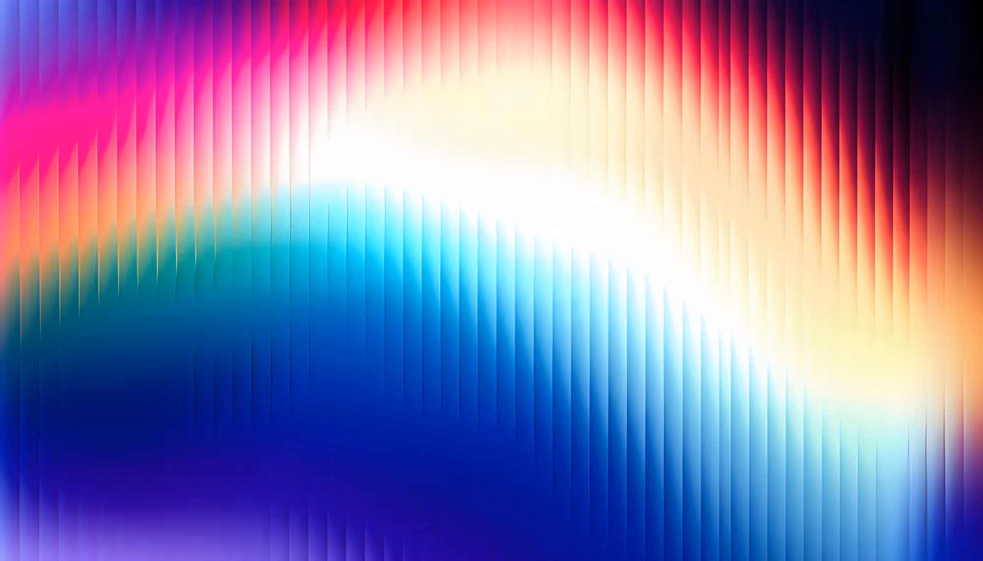 Abstract digital artwork featuring vertical light streaks radiating from two bright white glowing focal points, blending vibrant colors including magenta, pink, red, orange, cyan, teal, cobalt blue, and purple across a dark background.