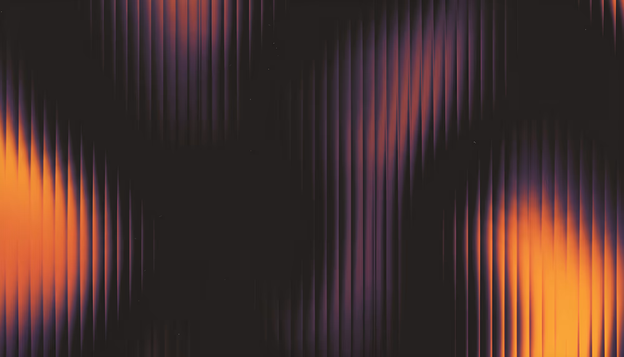 Abstract digital artwork featuring vertical lines against a dark background, with glowing orange and purple light sources emanating from the left edge, upper center, and lower right, creating a dramatic, atmospheric effect.