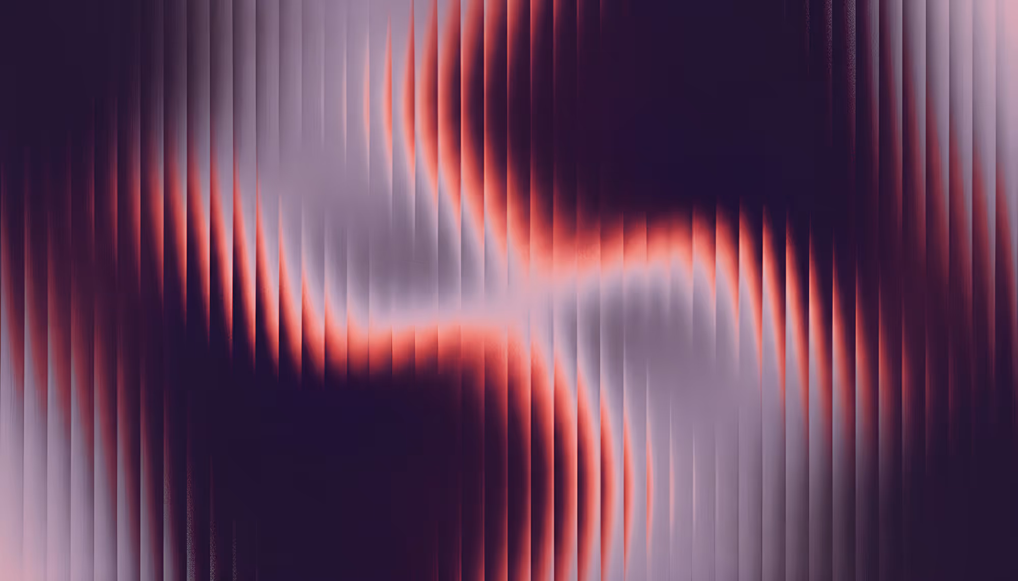 Abstract digital artwork featuring vertical striped lines that ripple and undulate across the canvas in warm red and cool lavender-gray tones, creating a wave-like interference pattern against a deep purple-black background, evoking a sense of motion and electromagnetic energy.