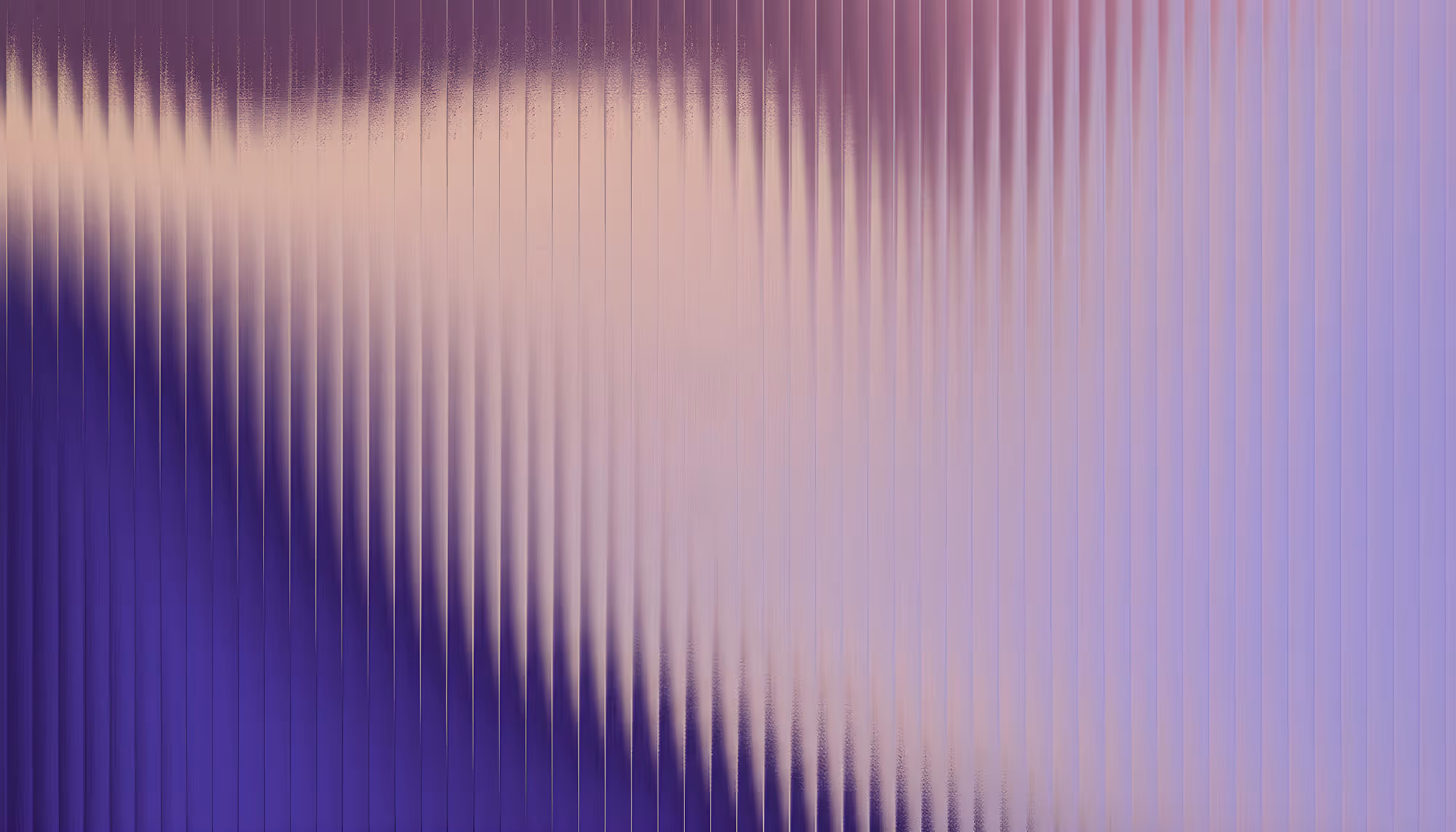 Abstract digital artwork featuring vertical rippling lines in a gradient of deep violet and purple on the left transitioning to soft blush pink and lavender on the right, with a luminous wave-like bloom of warm peach light emanating from the upper left center.