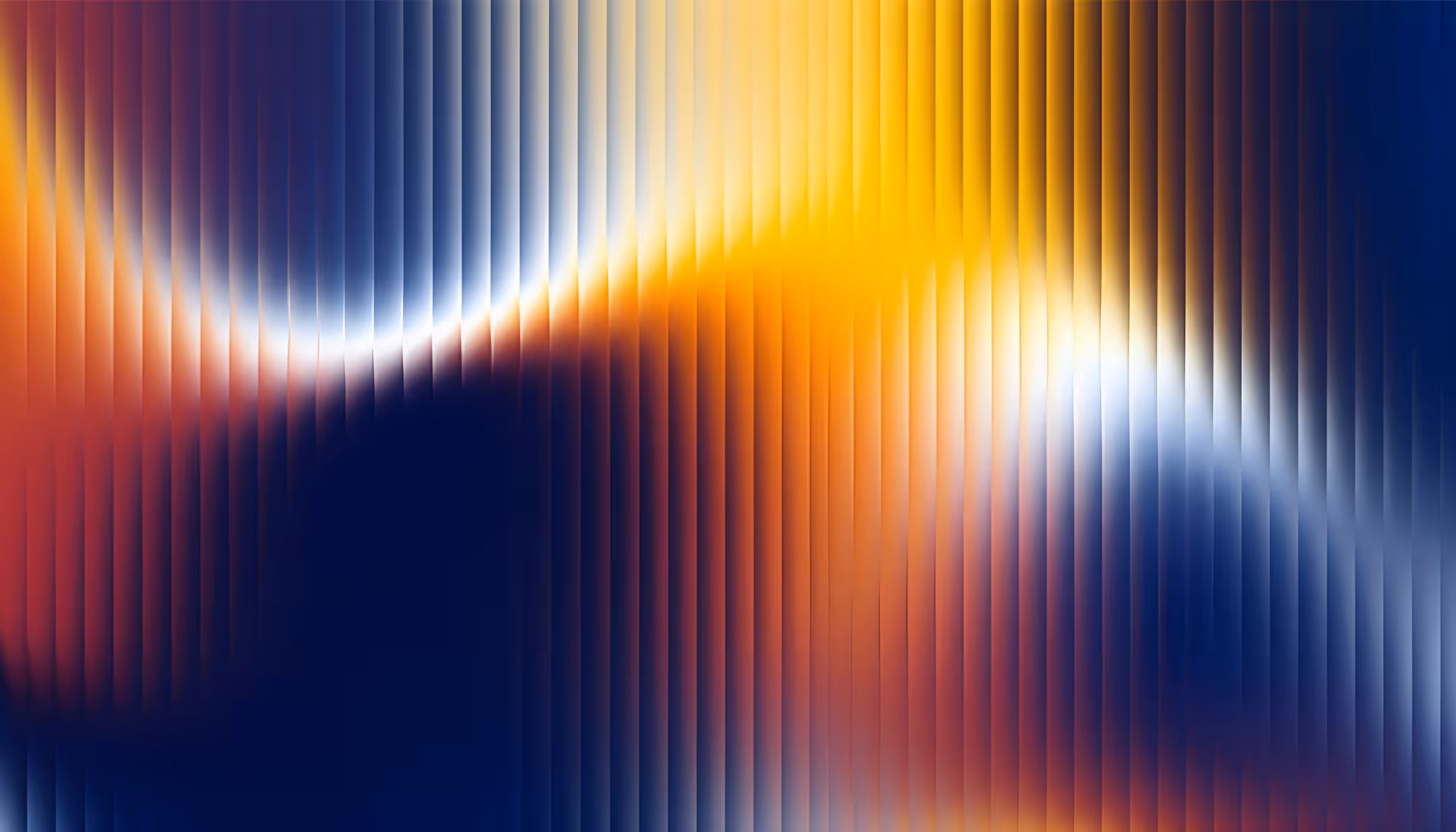 Abstract digital artwork featuring vertical light streaks in warm and cool tones — deep navy blue, vivid orange, golden yellow, crimson red, and bright white — creating a dynamic wave-like luminous pattern across the composition.