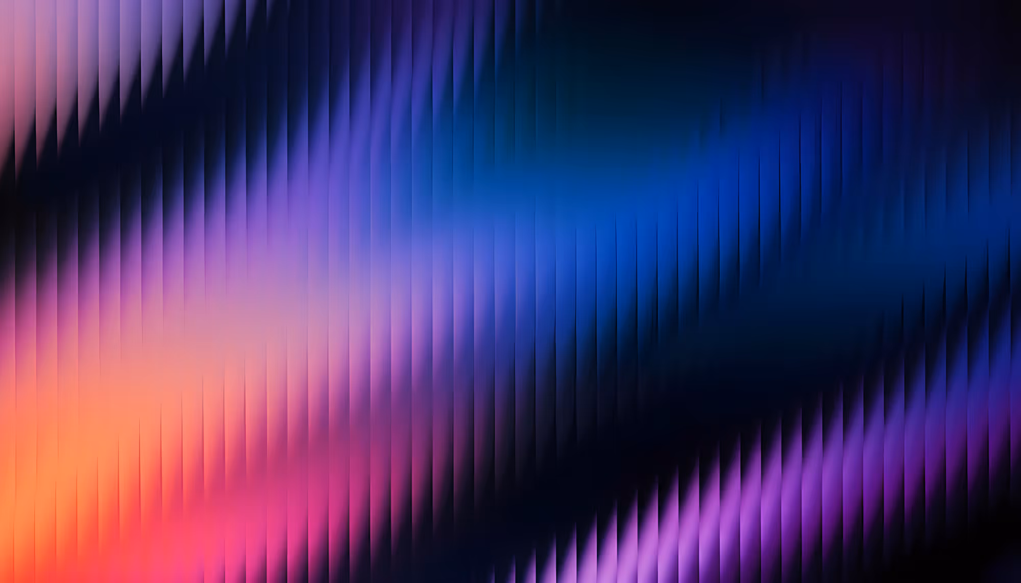 Abstract digital artwork featuring vertical streaks of light creating a rippled, wave-like texture across a dark background, with a vibrant gradient transitioning from warm orange and pink in the lower left to cool teal and deep blue in the upper right, accented by vivid purple tones in the lower right corner.