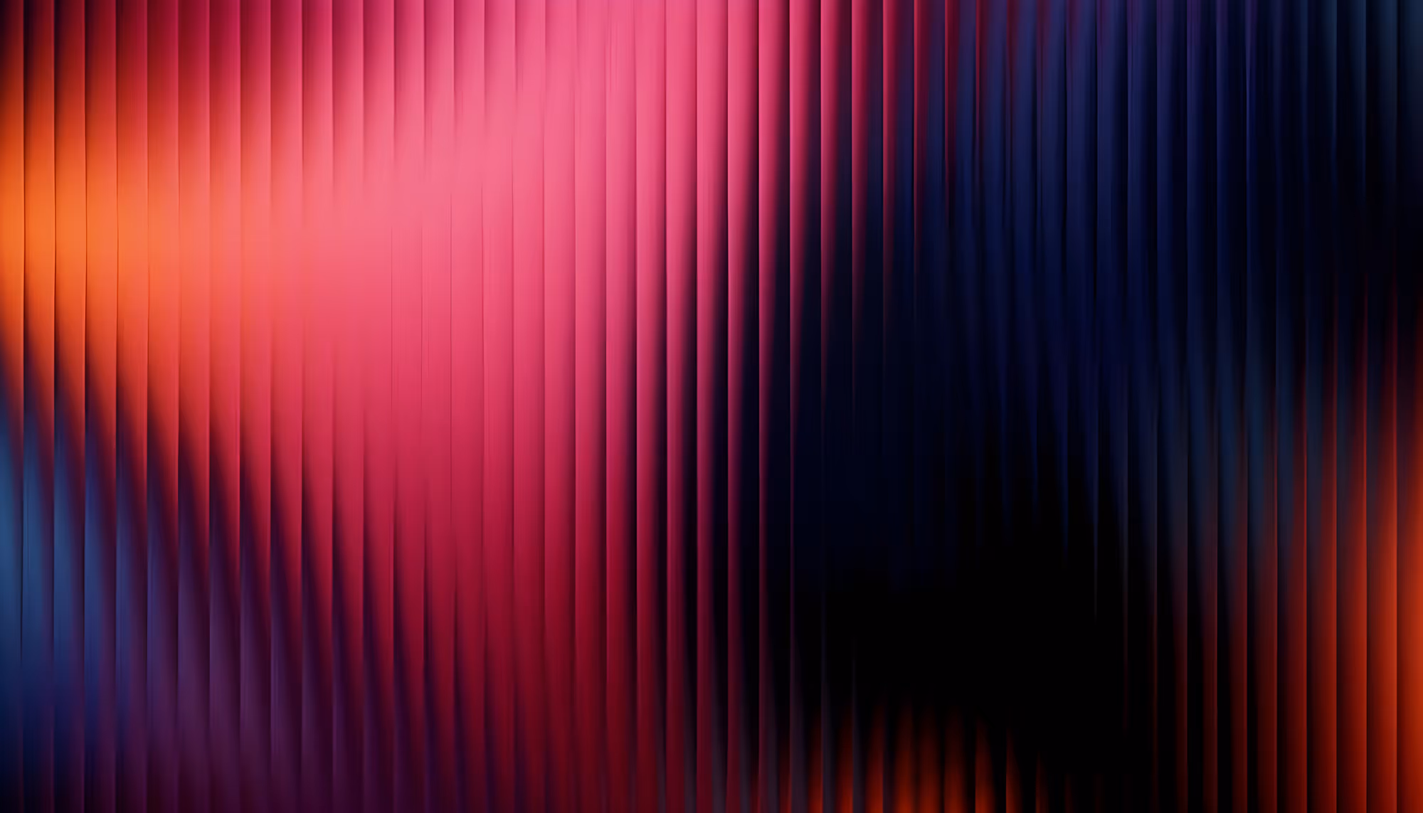Abstract vertical striped pattern with a gradient shifting from warm orange and red tones on the left to deep magenta pink in the center, transitioning to dark navy blue and black on the right, with subtle lighting creating depth and dimension.