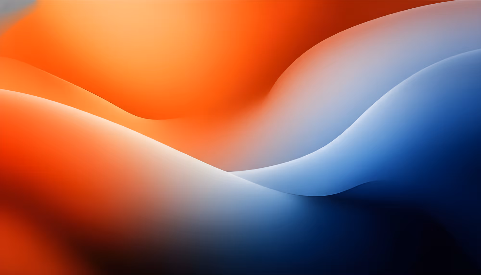 Abstract digital artwork featuring smooth, flowing waves transitioning from vibrant orange-red on the left to cool blue and deep navy on the right, with soft white highlights along the curved edges where the colors meet.