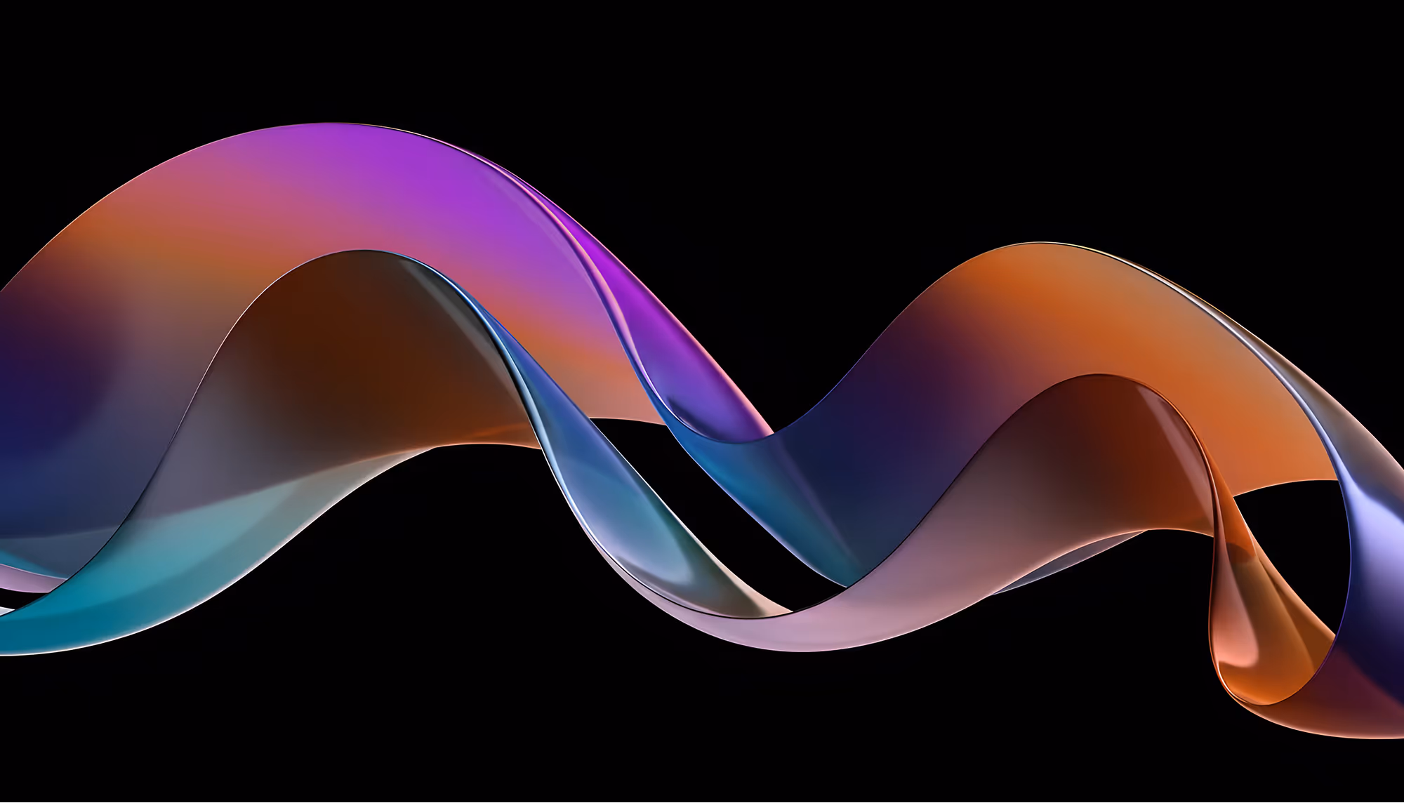 A flowing 3D ribbon or wave form with an iridescent, holographic surface against a black background, transitioning through colors including purple, orange, teal, and blue as it undulates in a sinuous S-curve shape.