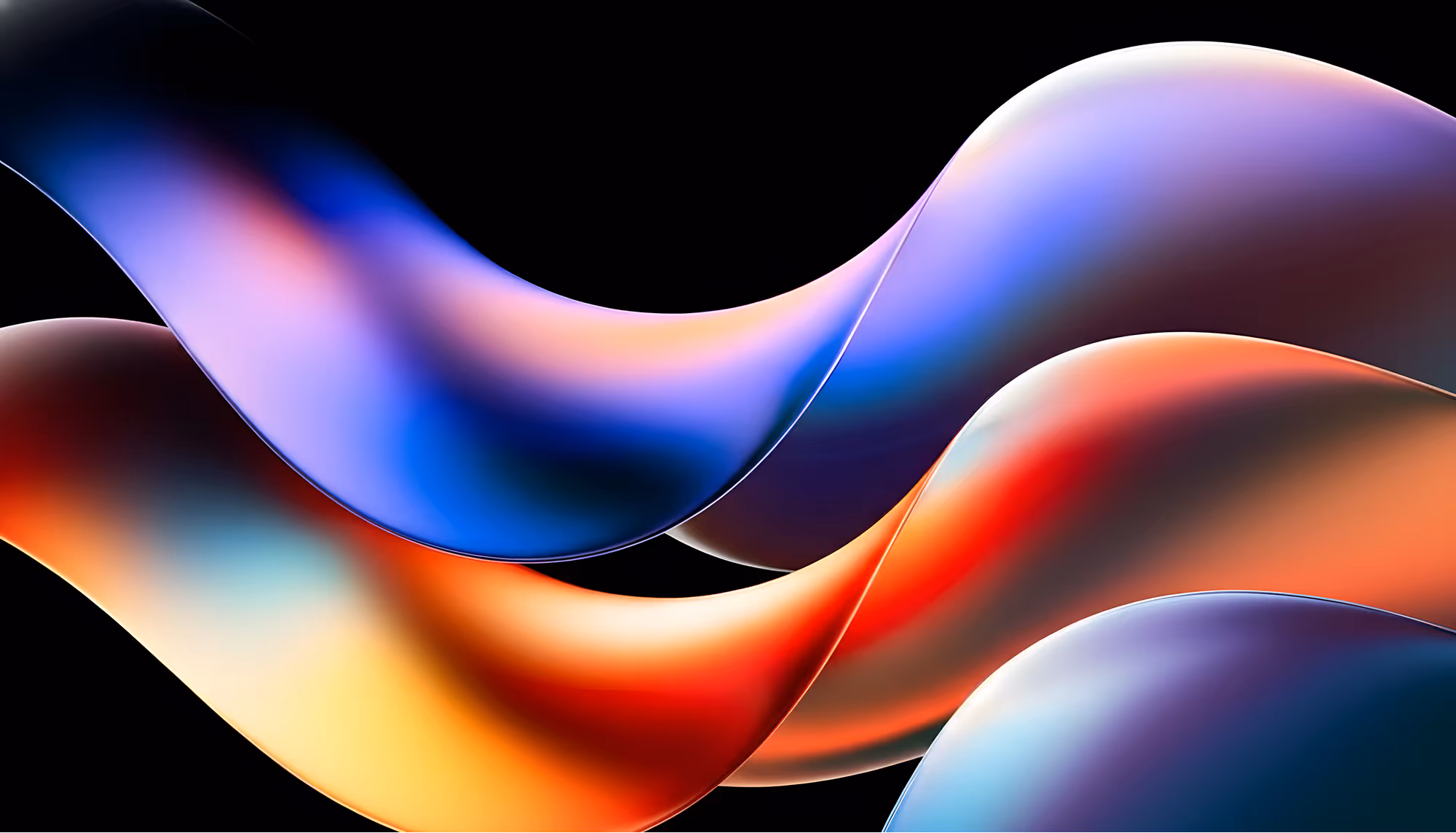 Abstract 3D rendering of two intertwining fluid ribbon shapes with glossy, iridescent surfaces flowing diagonally across a black background, transitioning through colors of deep blue, purple, orange, red, and gold.