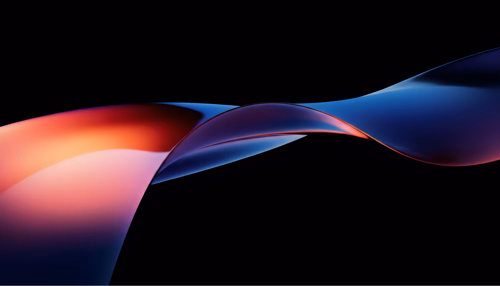 Abstract digital artwork featuring flowing, ribbon-like waves against a black background, transitioning from warm orange and pink hues on the left to cool blue and deep purple tones on the right, with a smooth, glossy, three-dimensional appearance.