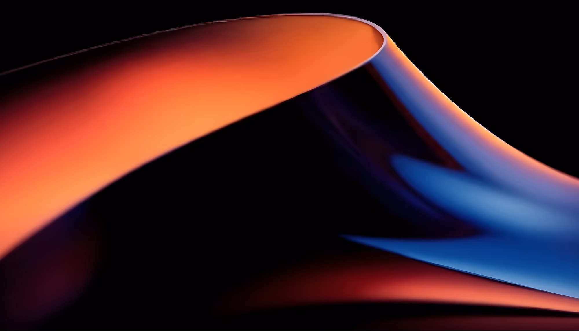 Abstract digital artwork featuring a curved, ribbon-like form sweeping gracefully against a black background, with a warm orange-red gradient on the upper surface transitioning to cool blue tones on the inner curve, creating a sense of fluid motion and depth.