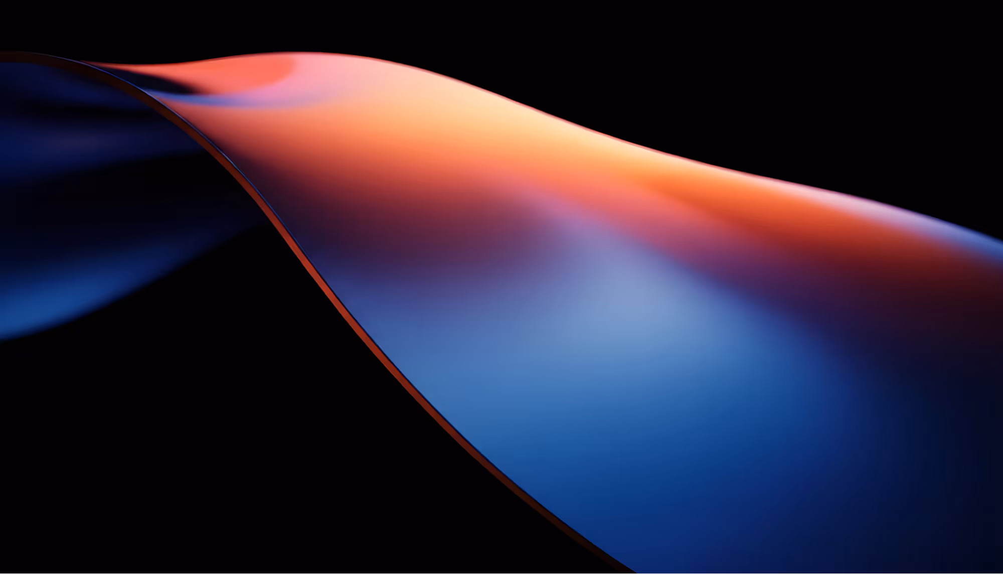 A smooth, curved abstract surface sweeping diagonally across a black background, with a gradient transitioning from warm orange and red tones along the upper ridge to cool blue across the lower face, rendered in a sleek 3D style with soft studio lighting.