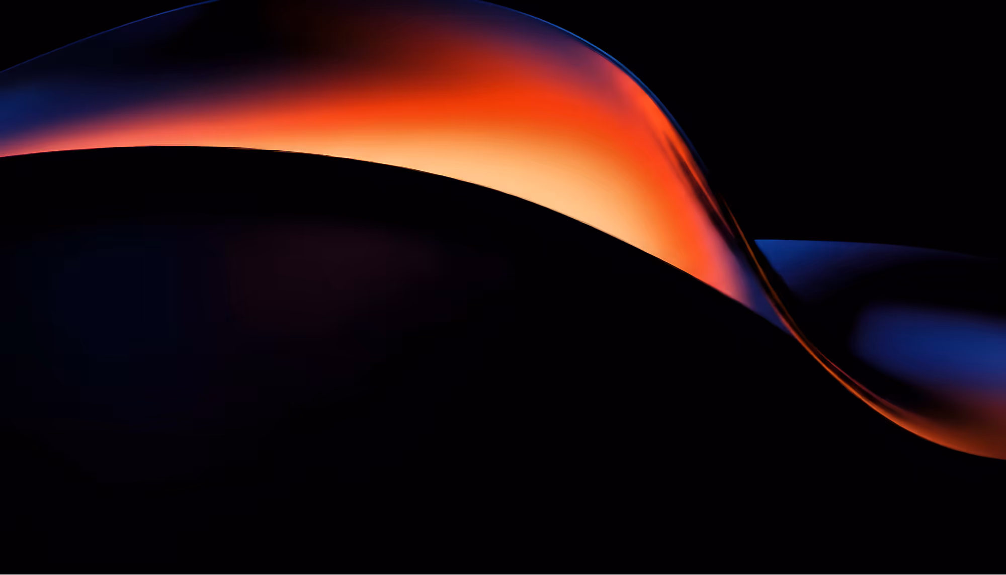 Abstract digital artwork featuring fluid, ribbon-like curves glowing with a gradient of deep red, orange, and warm yellow tones against a dark black background, with a smaller blue-purple luminous form in the lower right corner.