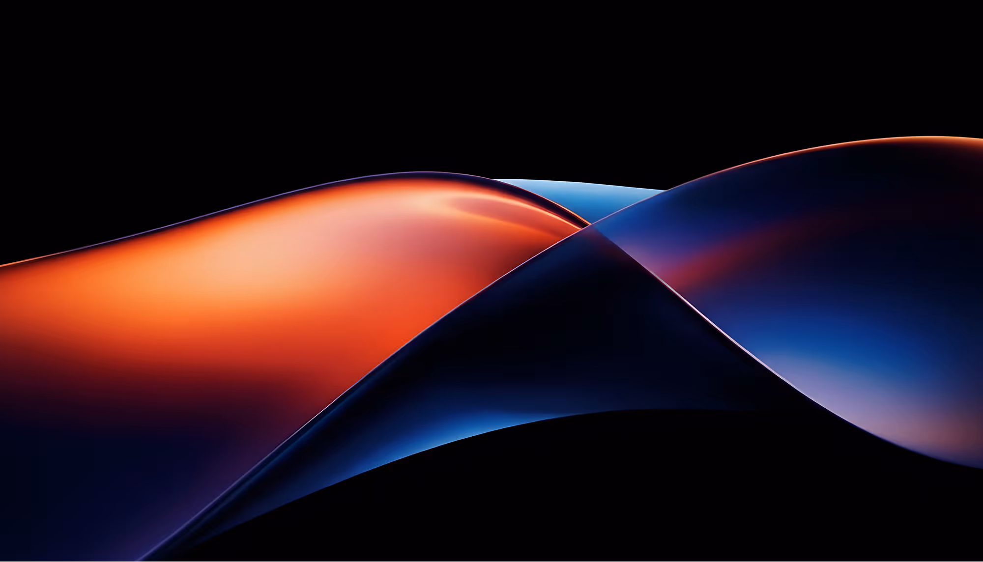 Abstract digital artwork featuring two smooth, ribbon-like waves crossing each other against a black background — one glowing in warm orange-red tones and the other in cool blue, with subtle purple where they intersect.