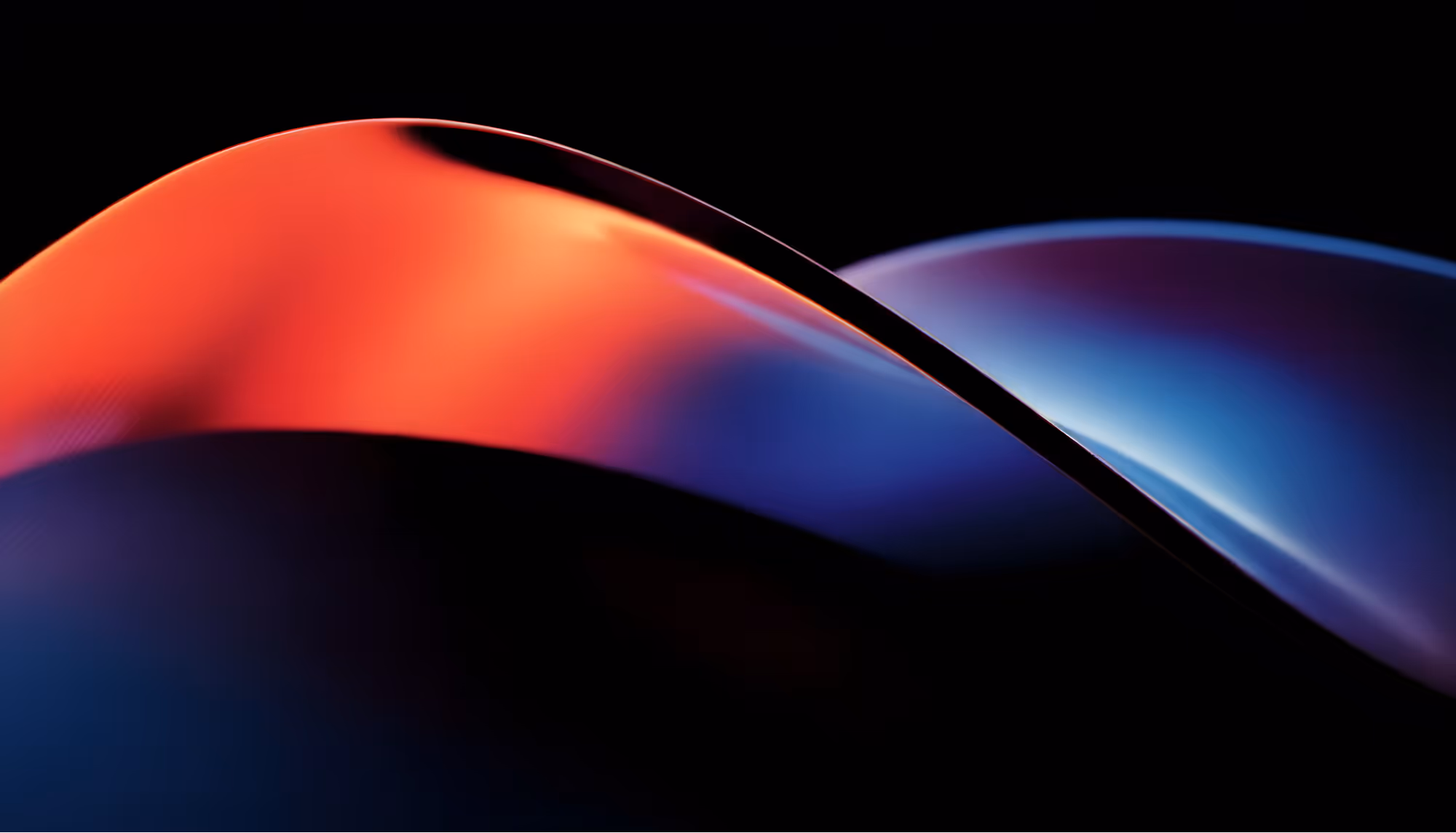 Abstract flowing ribbon-like form against a black background, transitioning from warm red and orange tones on the left to cool blue and purple hues on the right, with a smooth glossy surface creating an elegant S-curve composition.