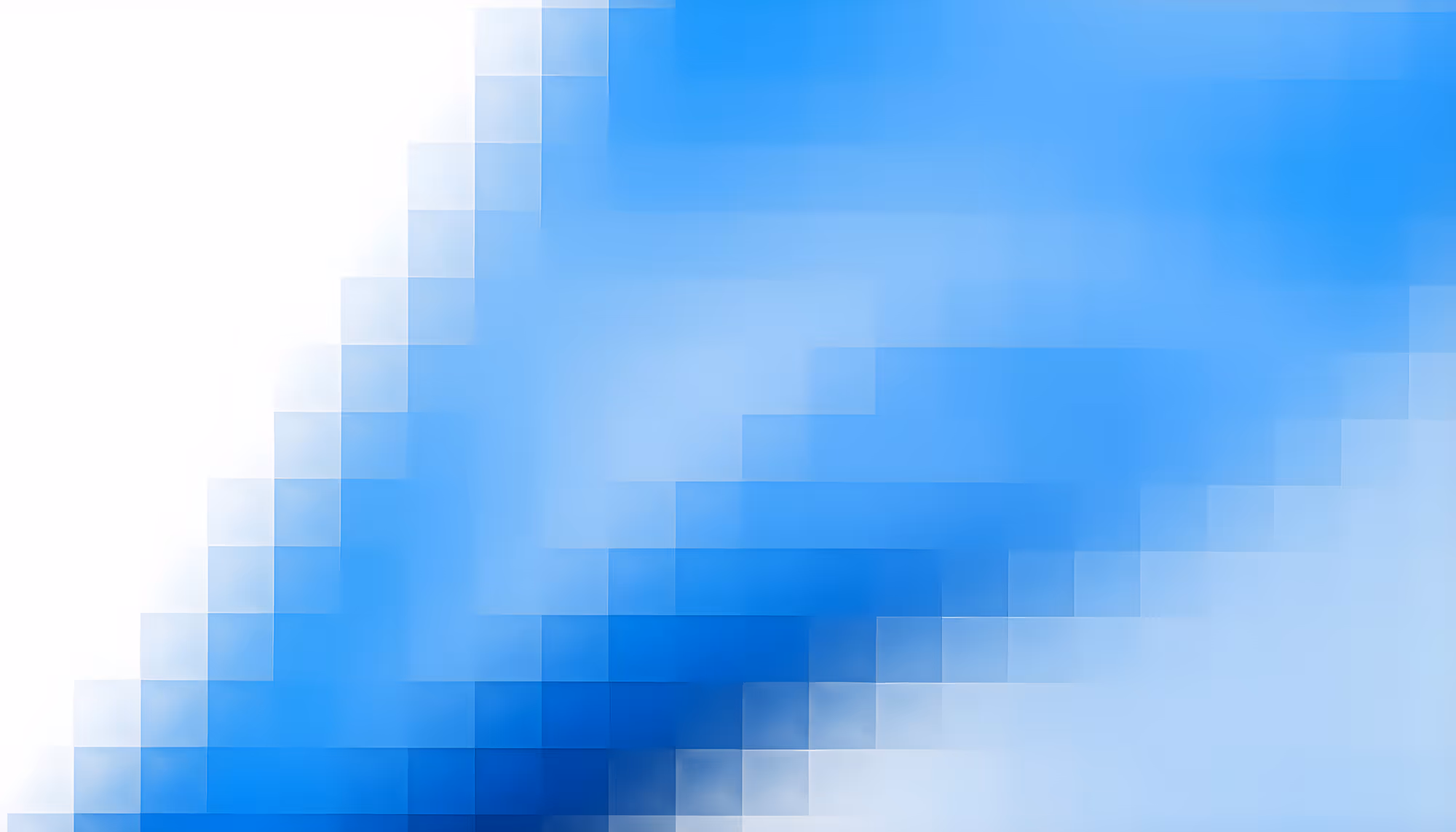 Abstract blue and white pixelated mosaic pattern with soft gradient transitions, featuring overlapping square tiles in varying shades of sky blue fading to white in the upper left and lower right corners.