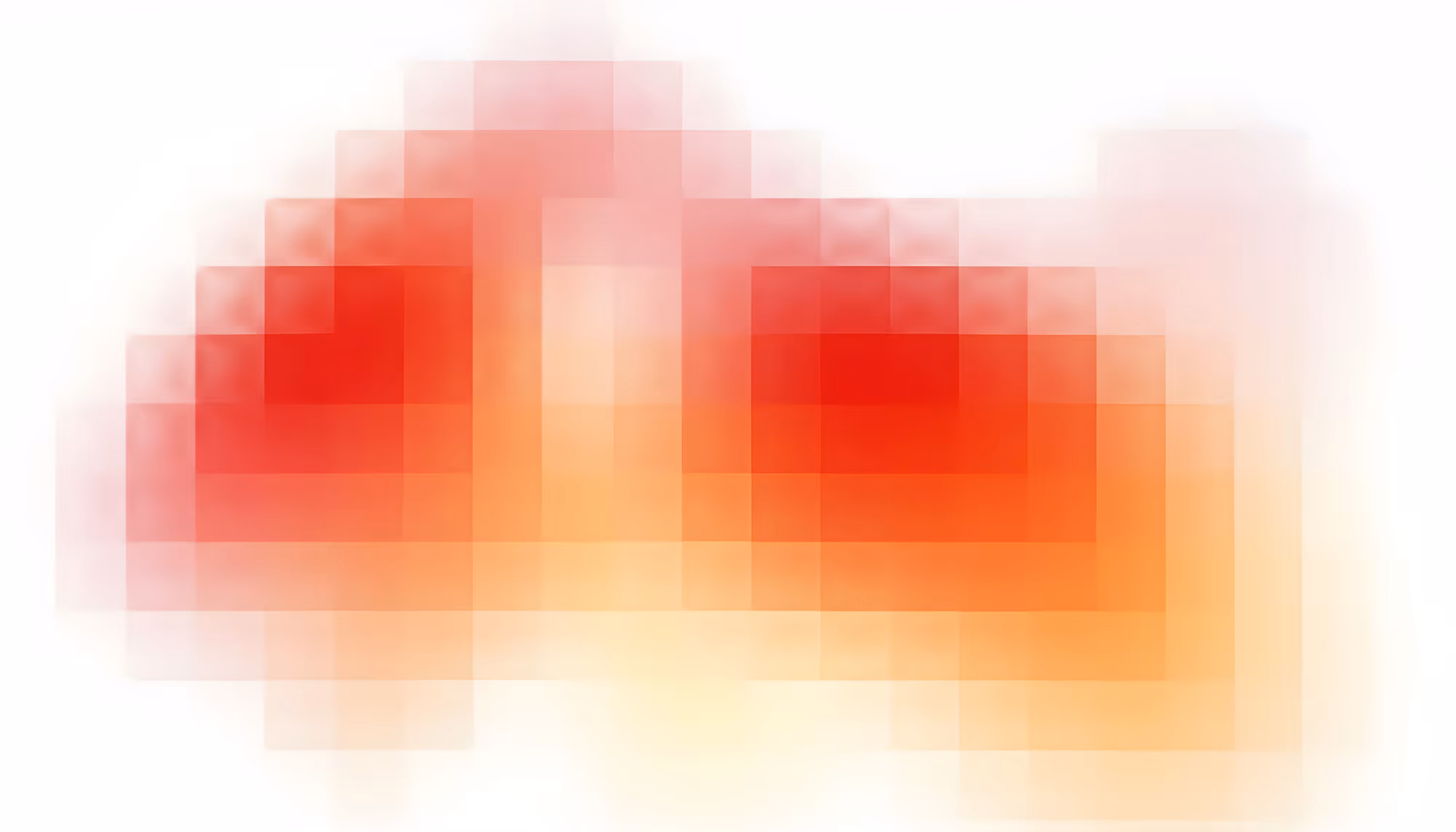 Abstract pixelated geometric design featuring overlapping squares in warm tones of red, orange, and soft pink, fading to white at the edges on a white background.