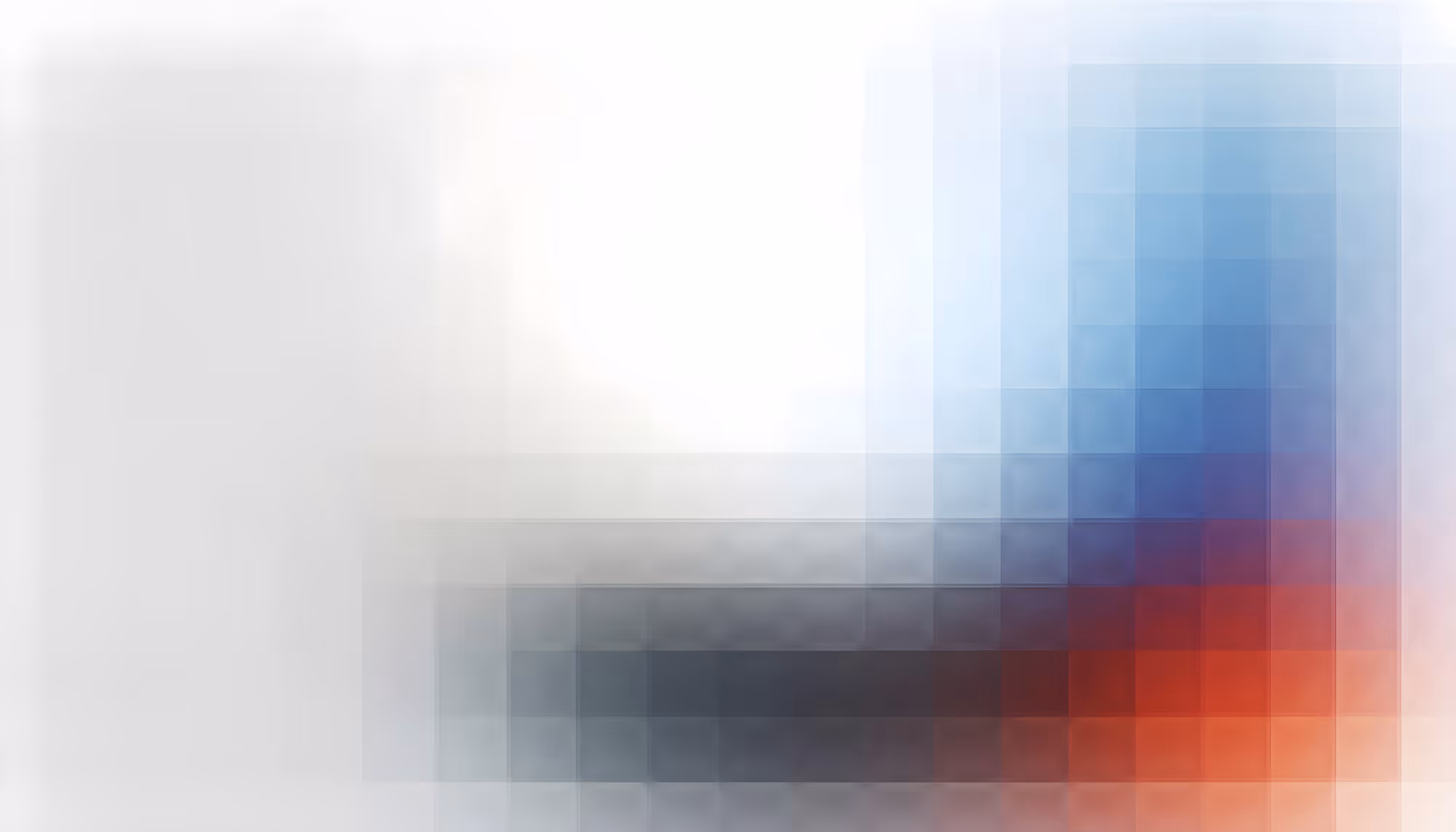 A heavily pixelated and blurred abstract image featuring a gradient of colors, transitioning from white and light gray on the left to blue tones in the upper right and dark gray to red-orange hues in the lower right.