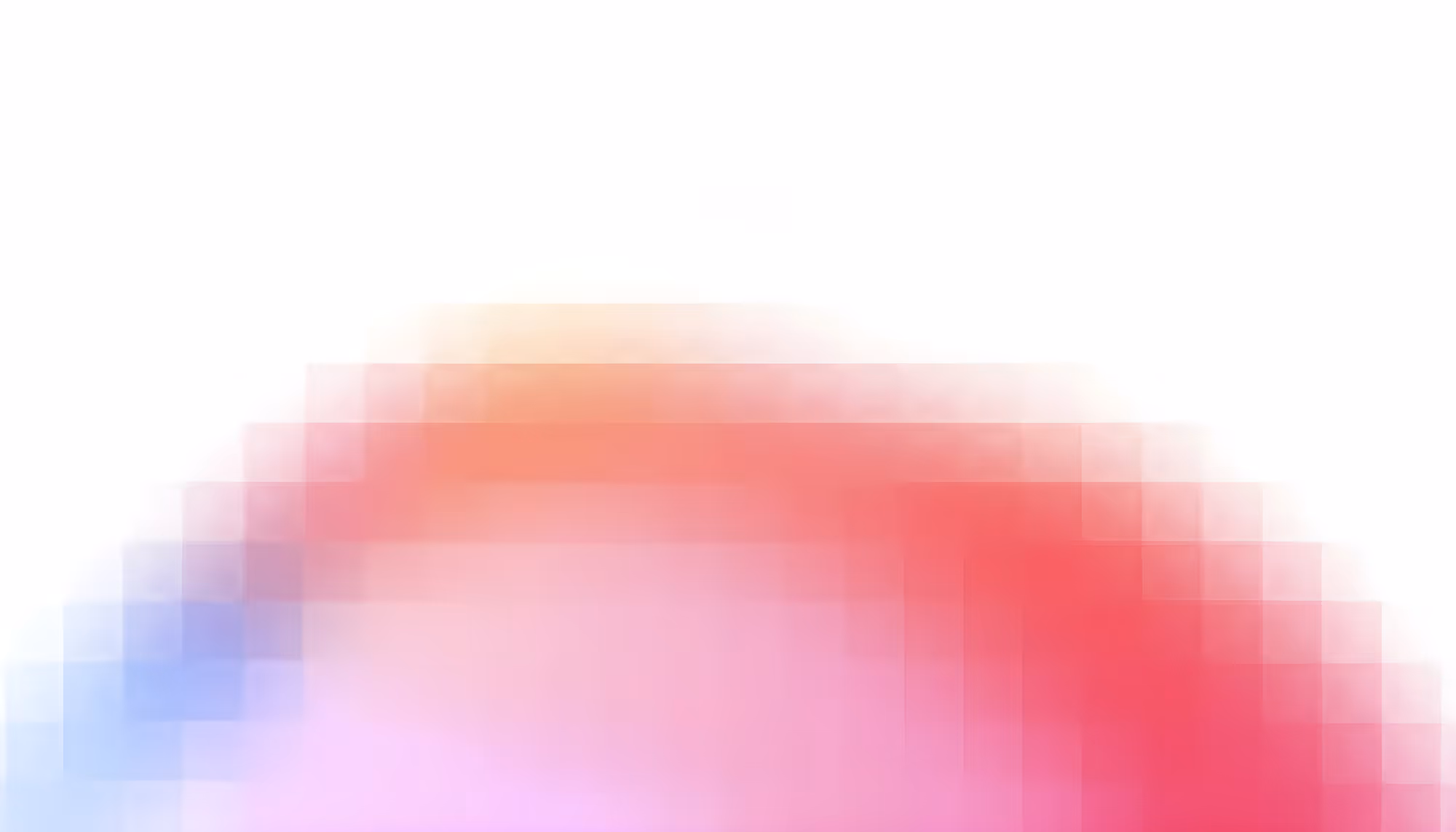 Abstract pixelated gradient background with a soft arch shape, blending warm coral and orange tones at the top center, transitioning to pink and lavender in the middle, with light blue on the lower left, all fading into white.