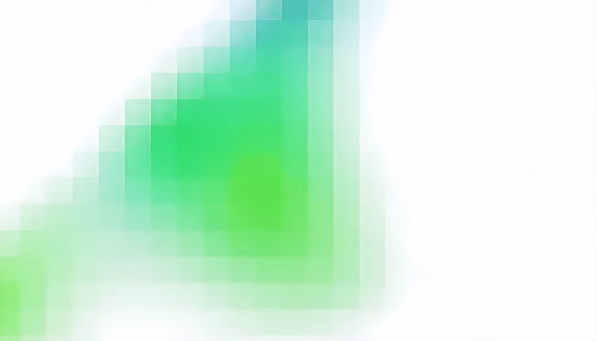 Abstract pixelated pattern featuring overlapping translucent green and teal squares fading into a white background, creating a soft mosaic effect.